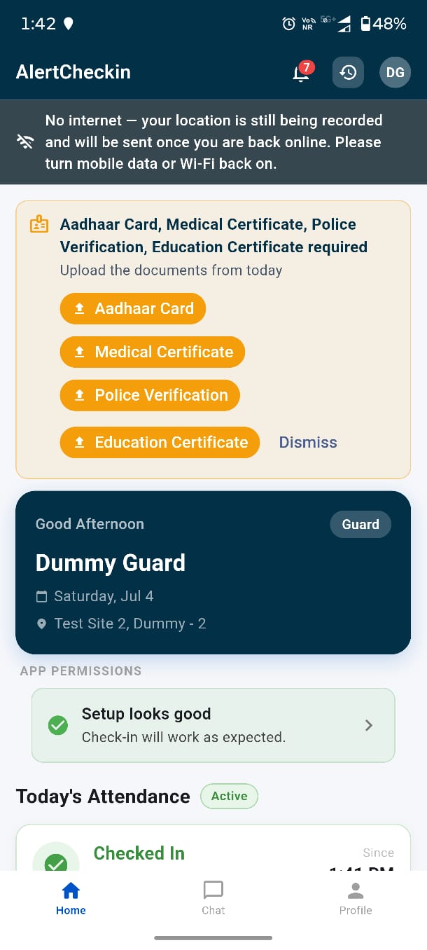 AlertCheckin mobile ID documents screen listing required identity documents and their upload status