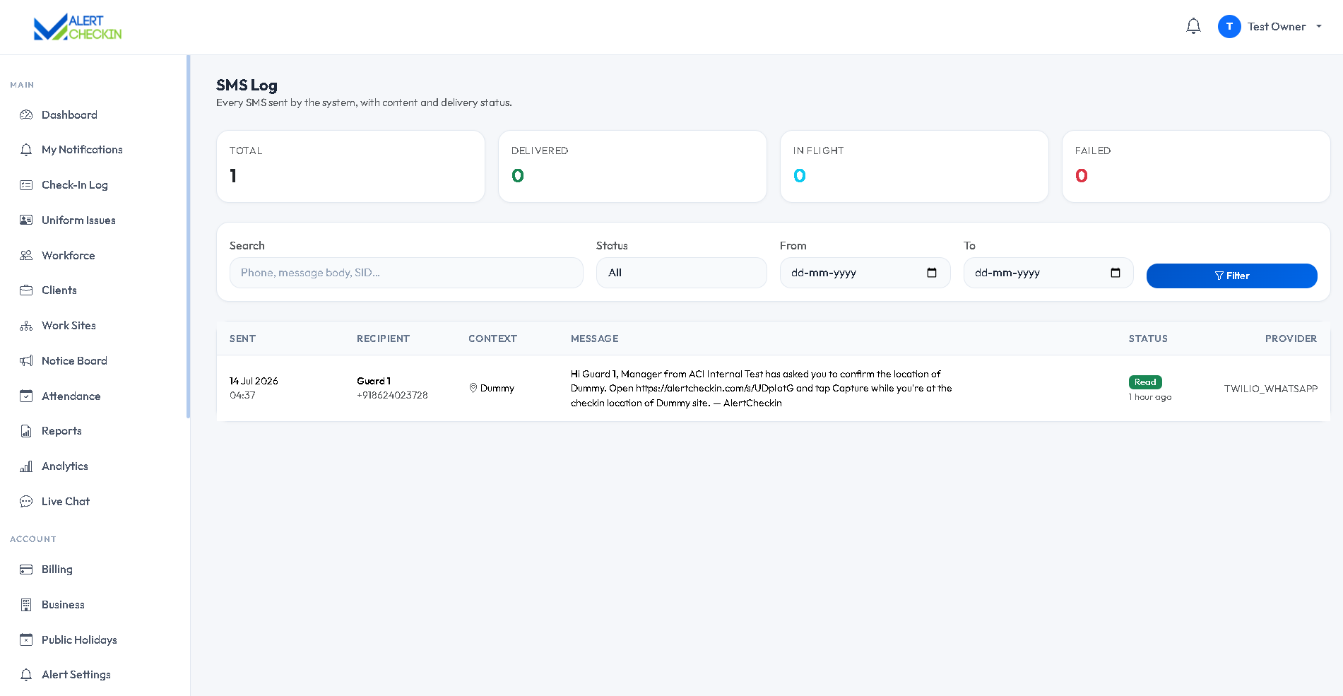 AlertCheckin SMS log listing text messages sent to staff with recipients and timestamps