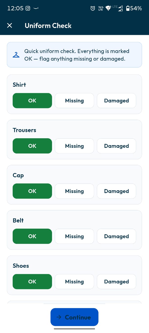 AlertCheckin mobile uniform check screen with shirt, trousers, cap, belt and shoes each marked OK, Missing or Damaged