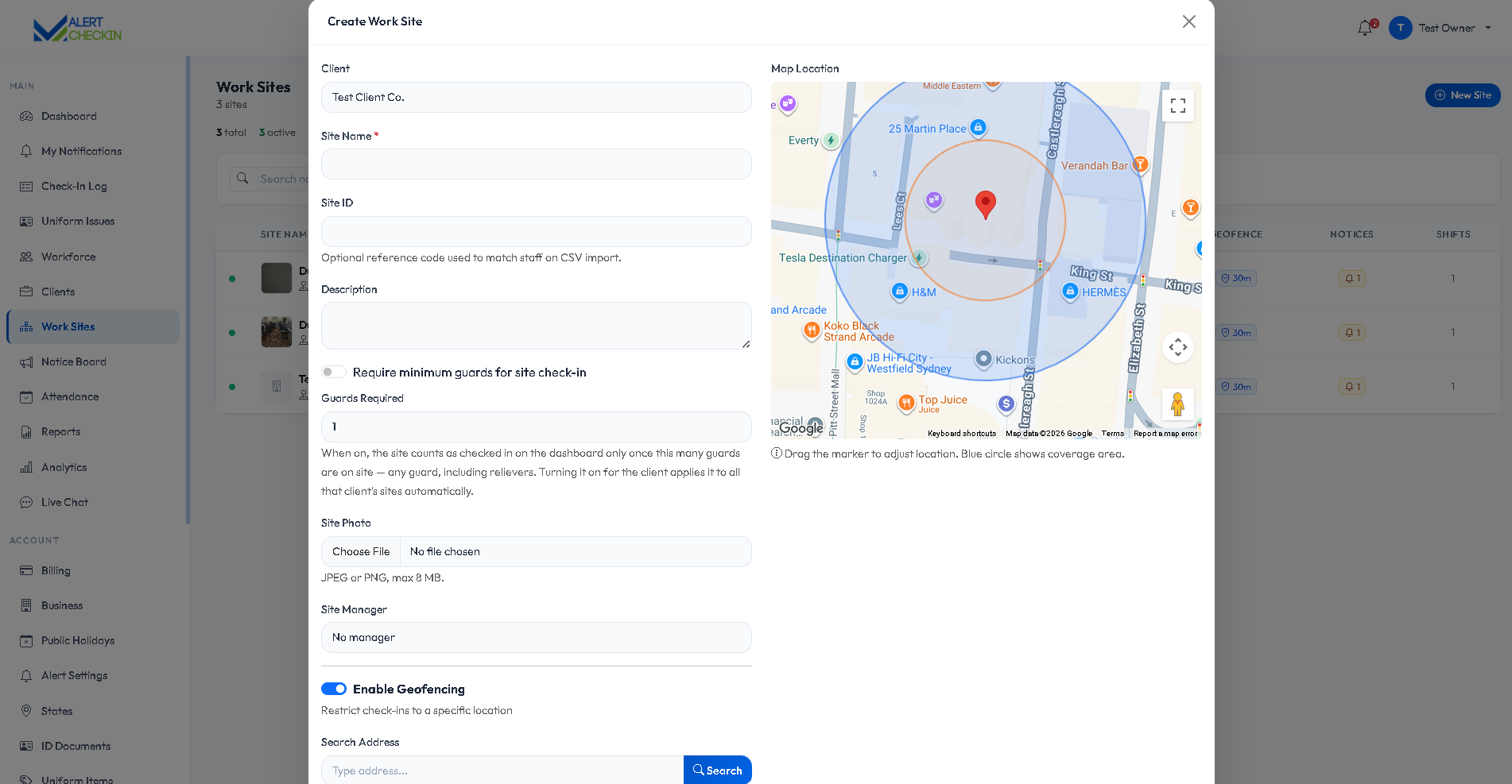 AlertCheckin work site detail view with geofence, assigned staff and shift configuration