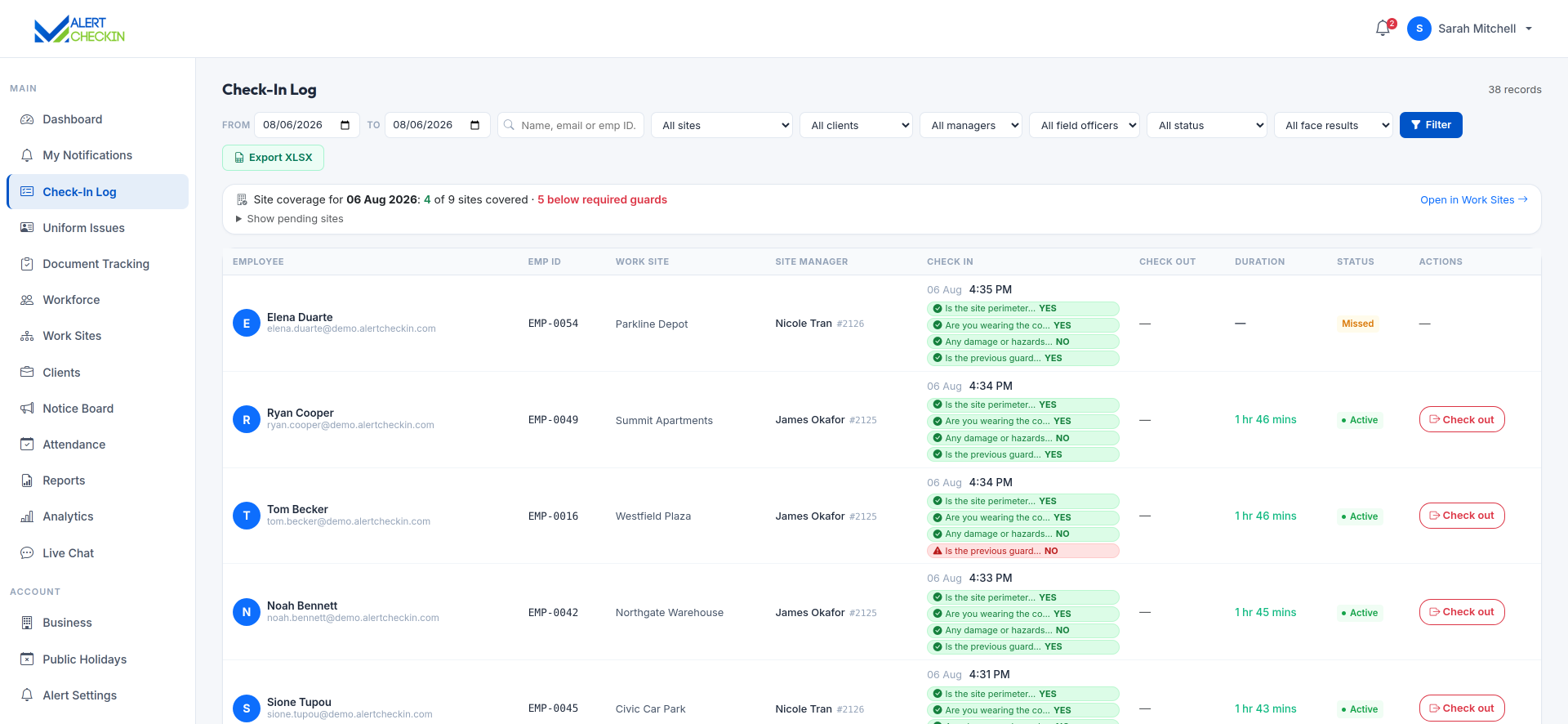 AlertCheckin check-in log listing each shift with staff name, work site, check-in and check-out times and distance from the site geofence.